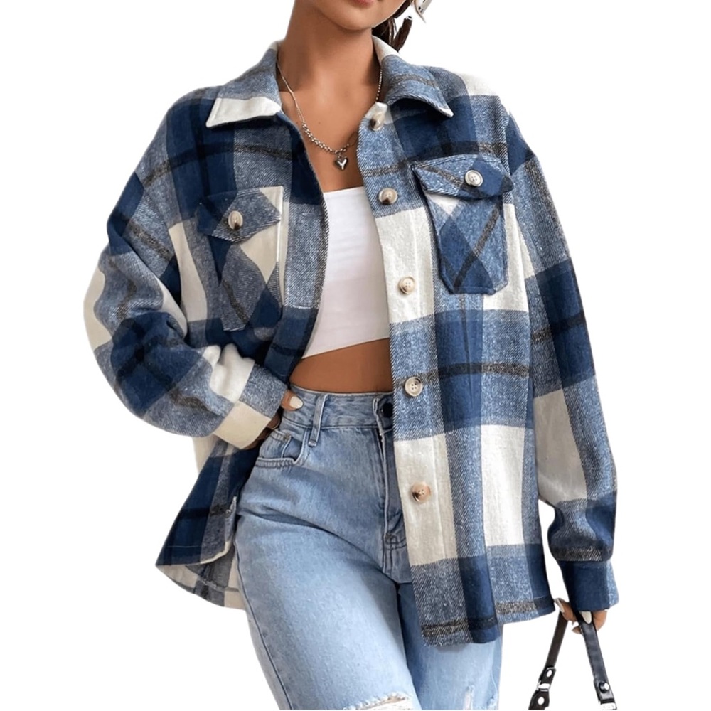 Oversized Blue Plaid Flannel Button-Up Shirt Jacket